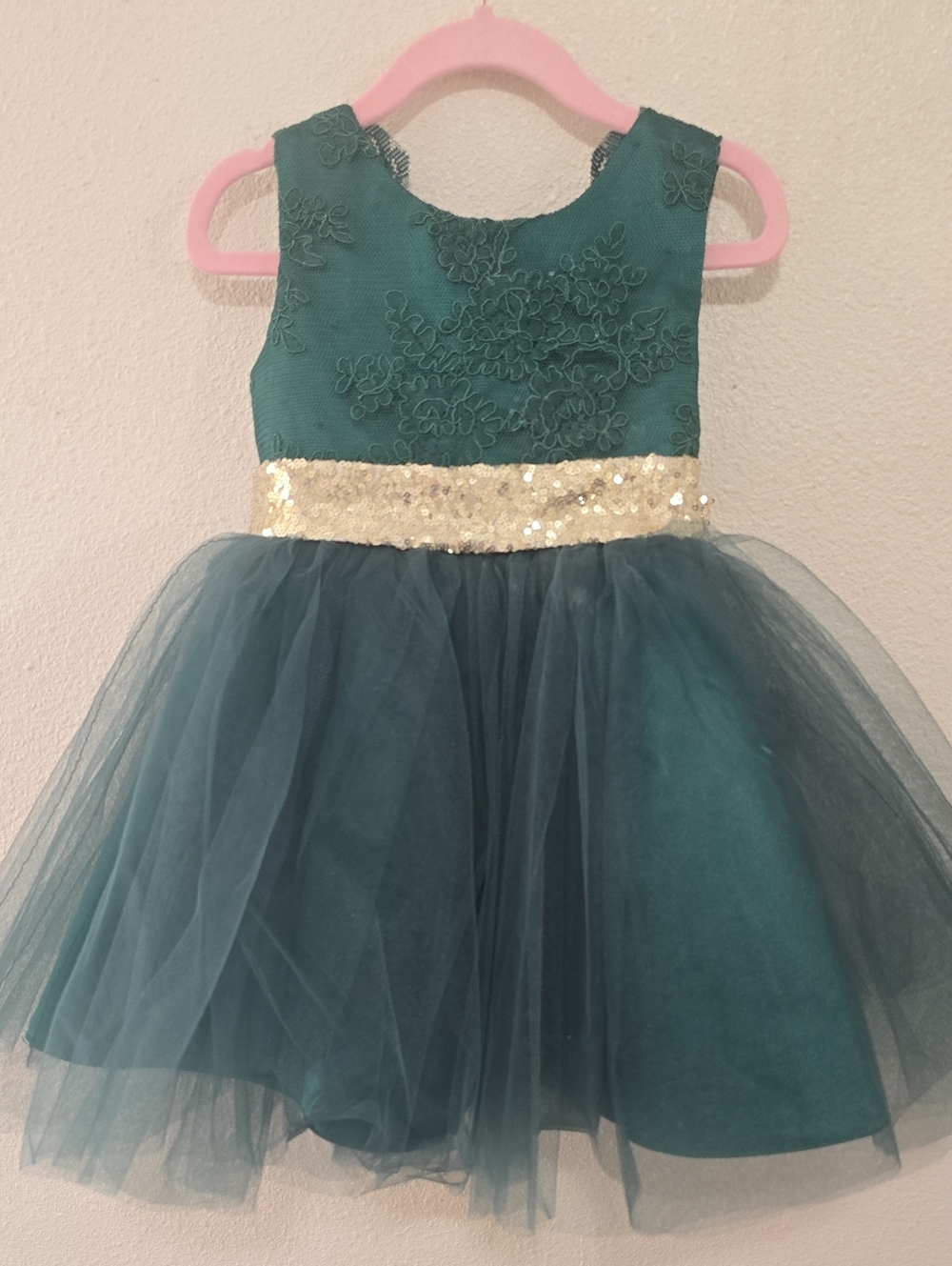 Girls Emerald Green Tulle Dress with Gold Sequin Waistband
